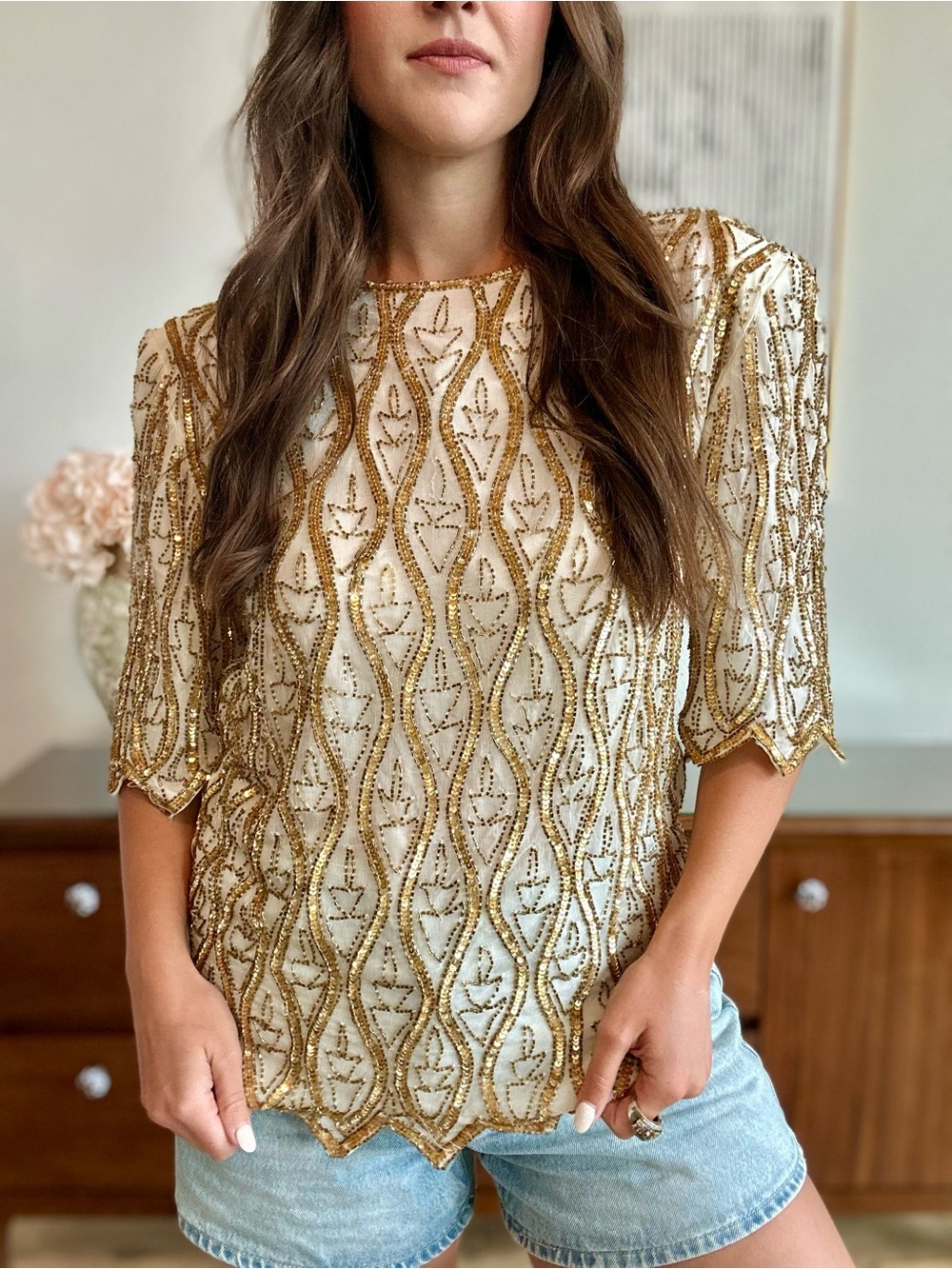 Vintage 100% Silk Gold Beaded Sequin Art Deco Top Small